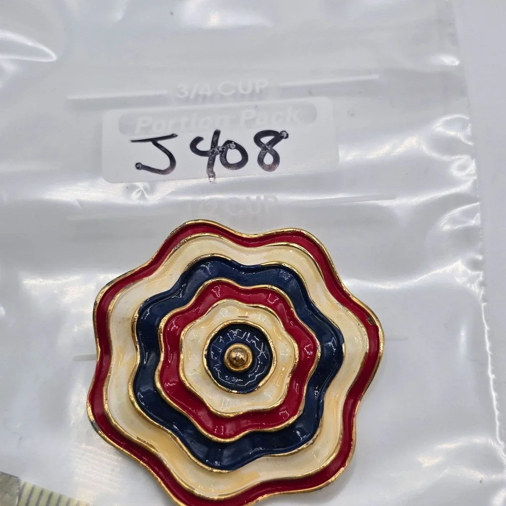 Marvella Enamel Flower Rosette Brooch Red White Blue Gold Tone Signed Jewelry‎